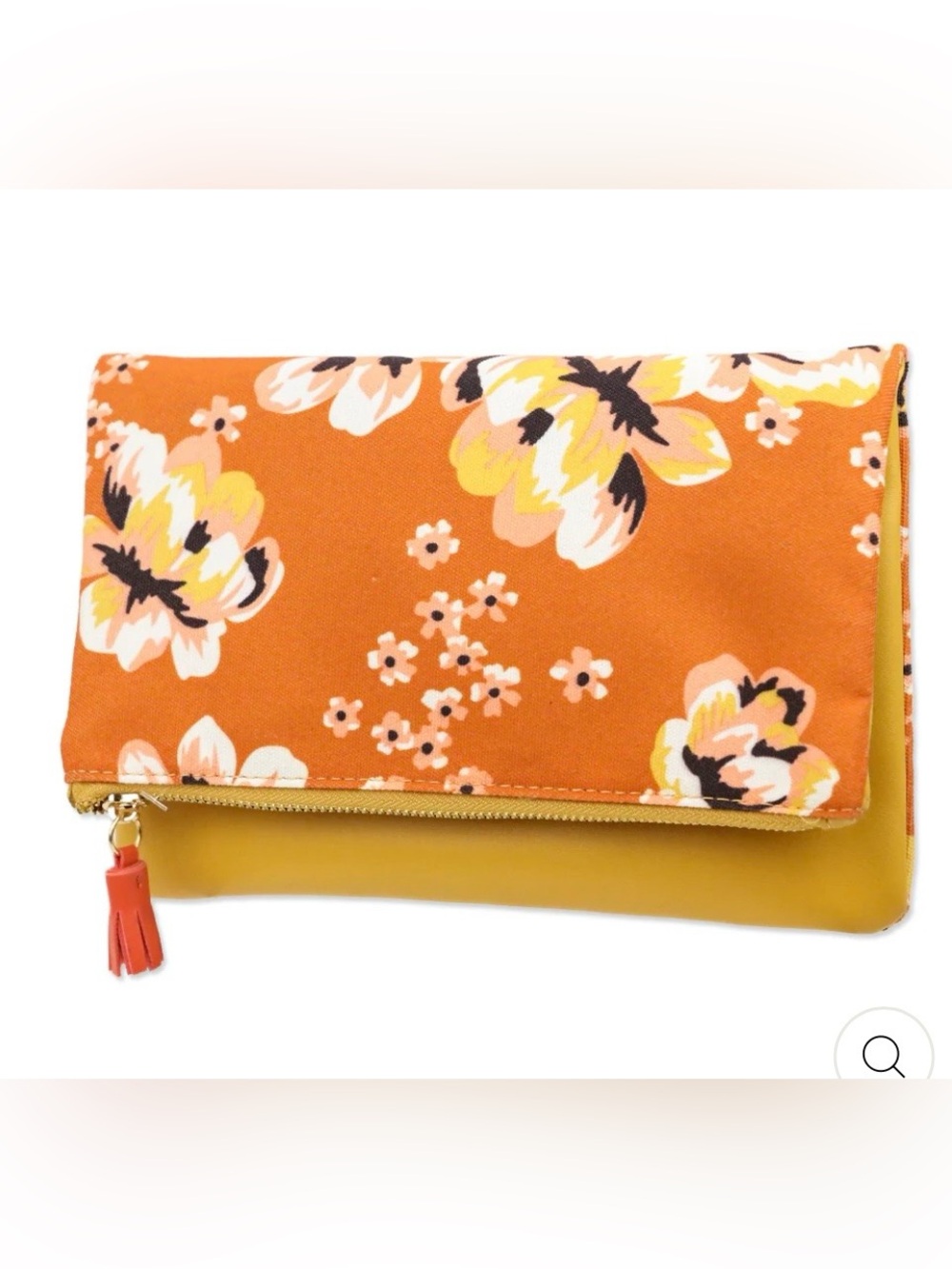 Rachel Pally Orange Floral Fold-Over Clutch with Yellow Base and Tassel